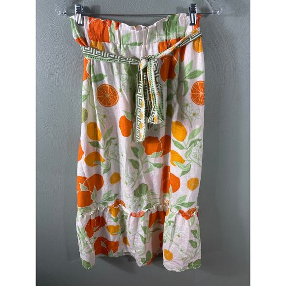 Linen Midi Skirt Rachel Zoe Women Size XL Multicolor Blend Belted Fruit Floral - Picture 8 of 9